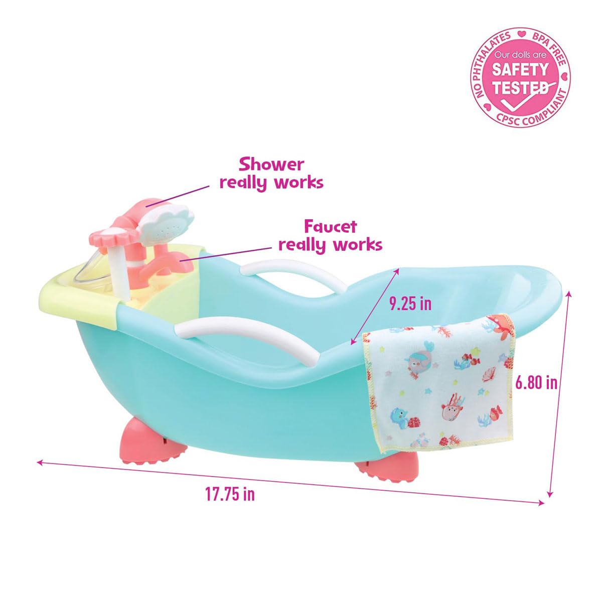 JC Toys - for Keeps Playtime! | Baby Doll Real Working Bath Set | Fits Dolls up to 16" | Shower and Faucet Really Work | Play Accessories | Ages 2+