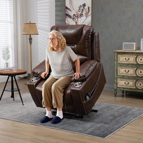 RHHVVR Oversized Power Lift Recliner Chair 400 LBS for Big and Tall Elderly, 26" Extra Wide Zero Gravity Electirc Recliner Chair with Massage and Heating, Leather Home Theater Seat, Brown
