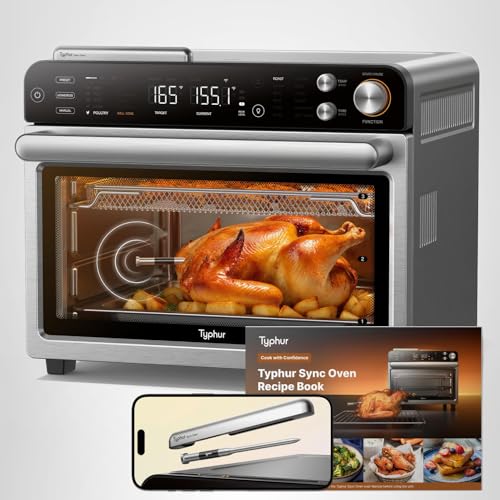 Typhur Sync Oven with Smart AI Wireless Meat Thermometer Probe, 12‑in‑1 Countertop Air Fryer Toaster Oven Combo, 360° Turbo Convection, Dehydrator, Recipe & 5 Accessories, Large 27QT, Stainless Steel