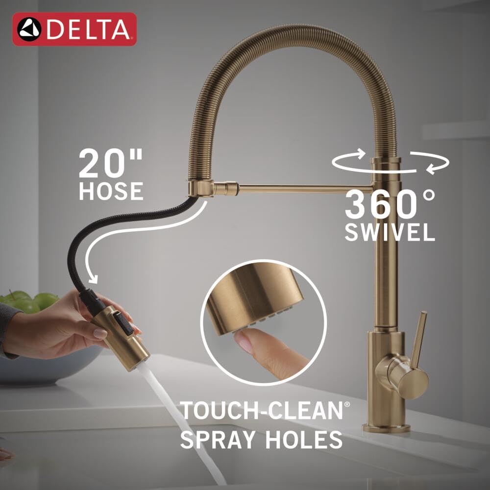 Delta Trinsic Pro Style Commercial Kitchen Faucet with Pull Down Sprayer, Single Hole Brushed Gold Kitchen Sink Faucet, Single Handle, Champagne Bronze 9659-CZ-DST