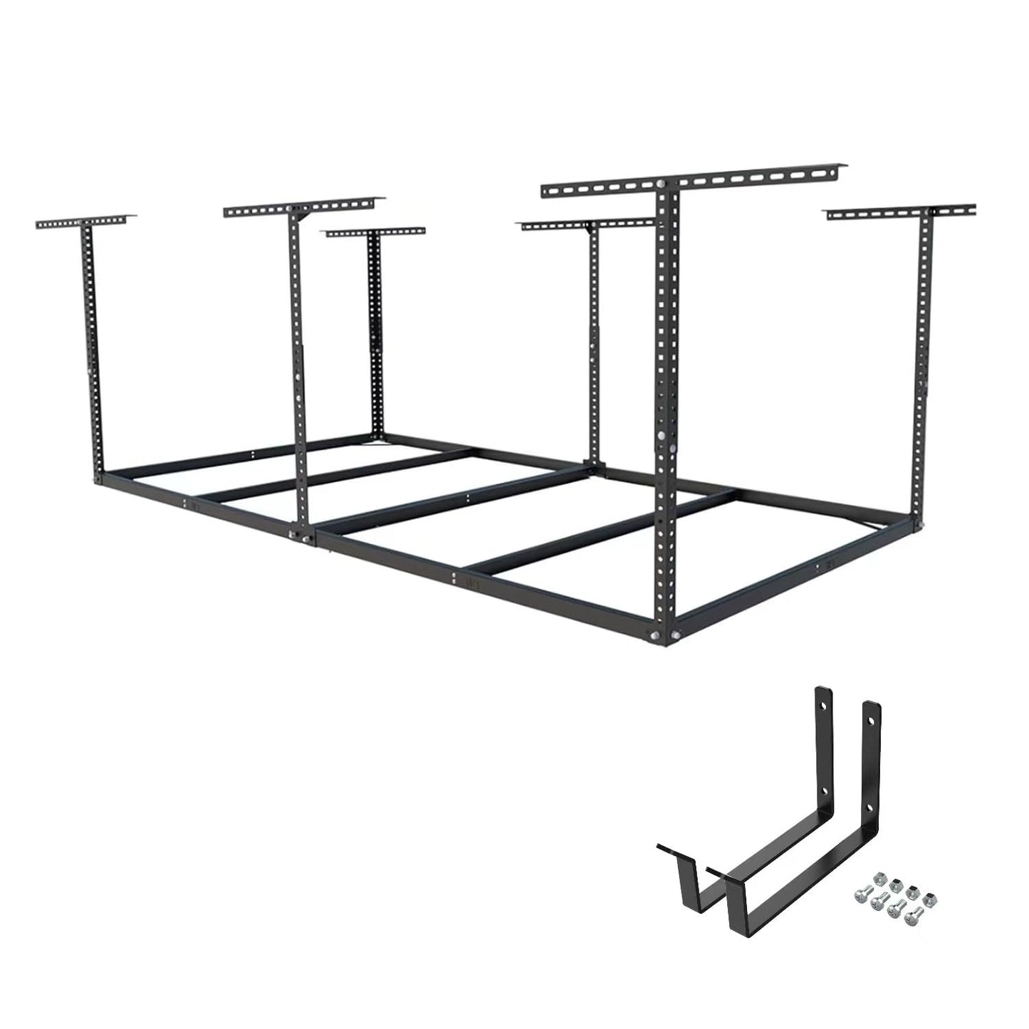 FLEXIMOUNTS 4x8 Overhead Garage Storage Rack without Decking,plus 2-Pack Add-On Storage Utility Hook Accessory,600lbs Weight Capacity,Black