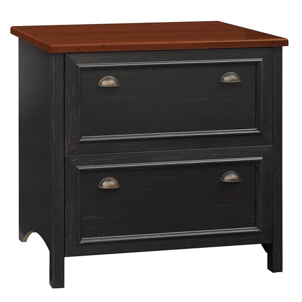Bush Home Fairview 2 Drawer Lateral File Cabinet in Antique Black/Hansen Cherry, Home Office Storage for Letter, Legal, and A4-Size Documents