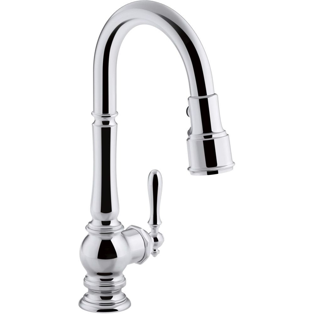 KOHLER Artifacts Single-Hole Kitchen Sink Faucet with 16" Pull-Down spout and Turned Lever Handle, DockNetik Magnetic Docking System, and 3-Function sprayhead Featuring Sweep and BerrySoft Spray