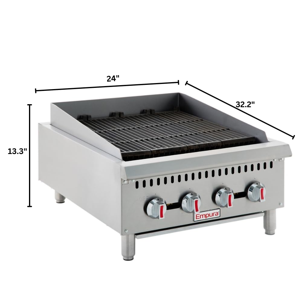 EMPURA 24" Countertop Gas Radiant Charbroiler | Commercial Char-Grill Broiler for Buffet Food Truck | (4) Burners, 80,000 BTU | 24"W x 32.3"D x 13.3"H, Stainless Steel (Includes: LP Conversion Kit)