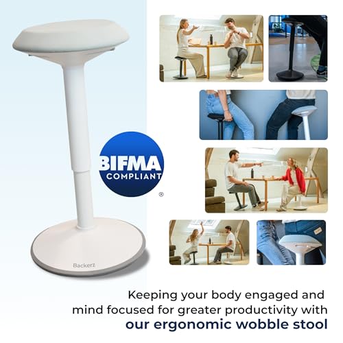 Backerz Standing Desk Stool Chair, Height Adjustable Stool 21-31 inch for Office and Classroom, Swivel Stool, Anti-Slip Bottom Ergonomic Wobble Stool with Rocking Motion, White