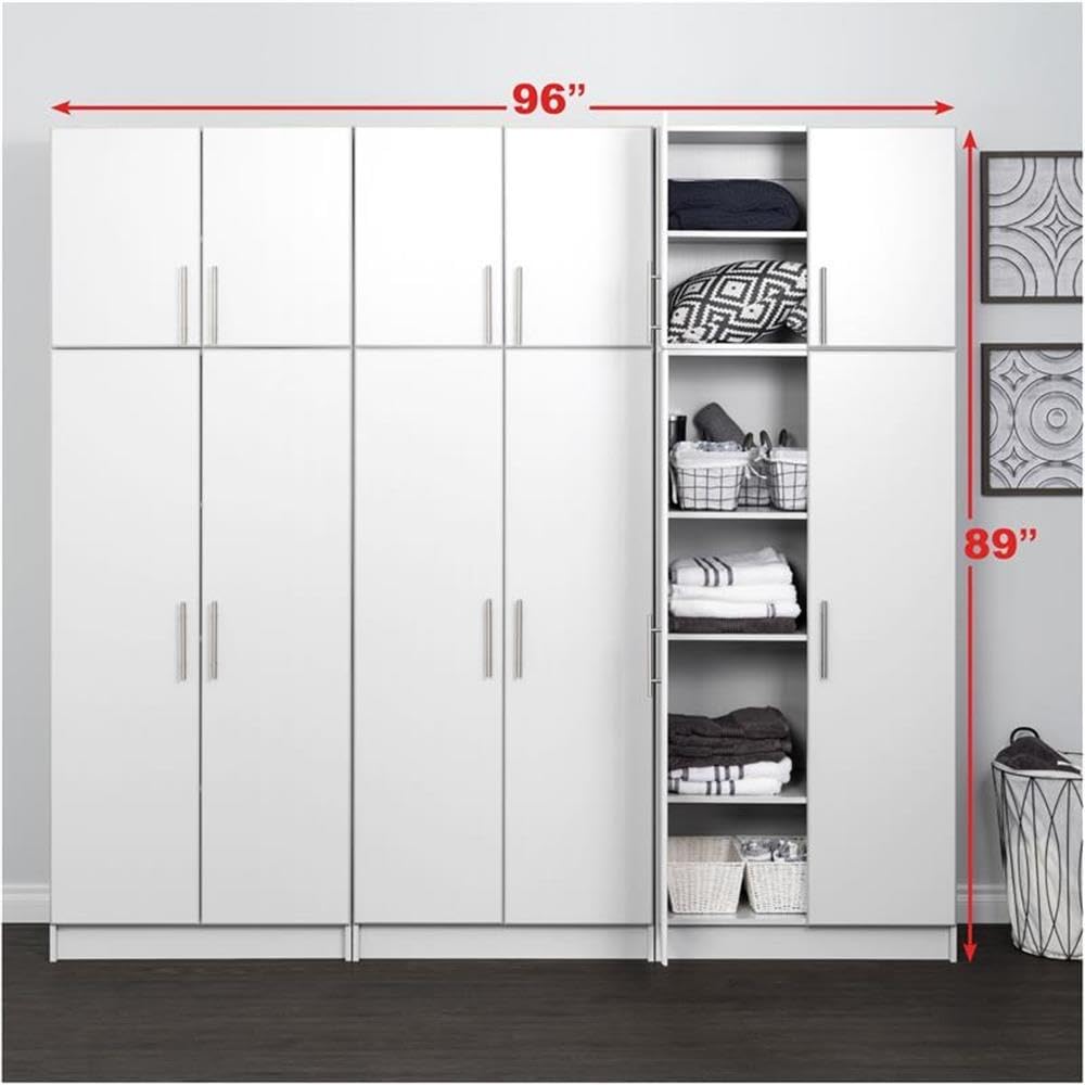 Prepac Elite Functional 6-Piece Garage Cabinets and Storage System Set D, Simplistic Garage Closet Shop Cabinets 16" D x 96" W x 89" H, White, WRSX-1013-6M