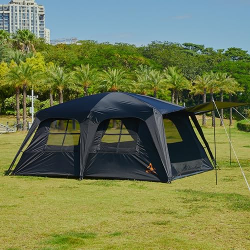 KTT Extra Large Tent 12 Person,Awning Family Cabin Tents,2 Rooms,4 Doors and 4 Windows with Mesh,Straight Wall,Waterproof,Double Layer,Big Tent for Outdoor,Picnic,Camping,Family Gathering(Black)