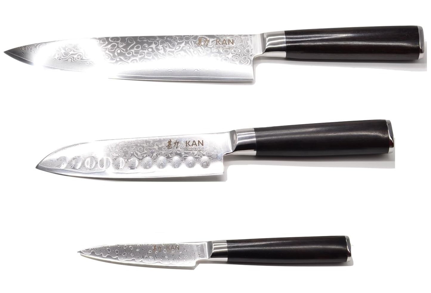 KAN Core Basic Set: 8-inch Chef Knife (hammered finish), 6-inch Santoku, 3.5-inch Paring knife - Ebony wood handles