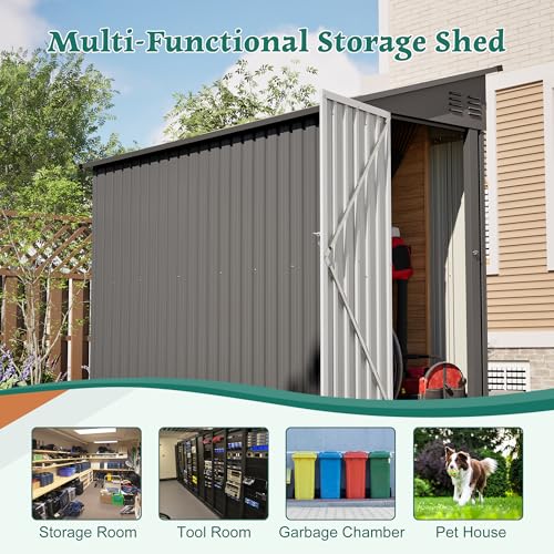 YOPTO 4×8 FT Lean to Metal Shed,Outdoor Heavy-Duty Storage Shed with Floor Base,All Weather Waterproof Garden Tool House W/Lockable Door&2 Air Vents,Reversible Door Design,for Backyard,Patio,Lawn,Gray