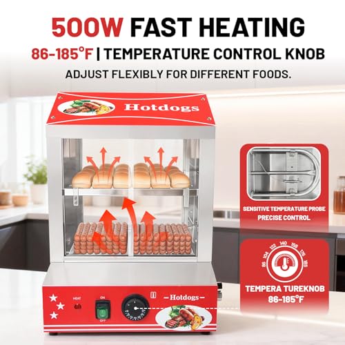 Sovtekr 27L/29 QT Hot Dog Steamer with Bun Warmer - Electric Steaming Machine 2-Tier Capacity for 175 Hot Dogs & 40 Buns, Visible Glass Slide Doors for Commercial Home Use