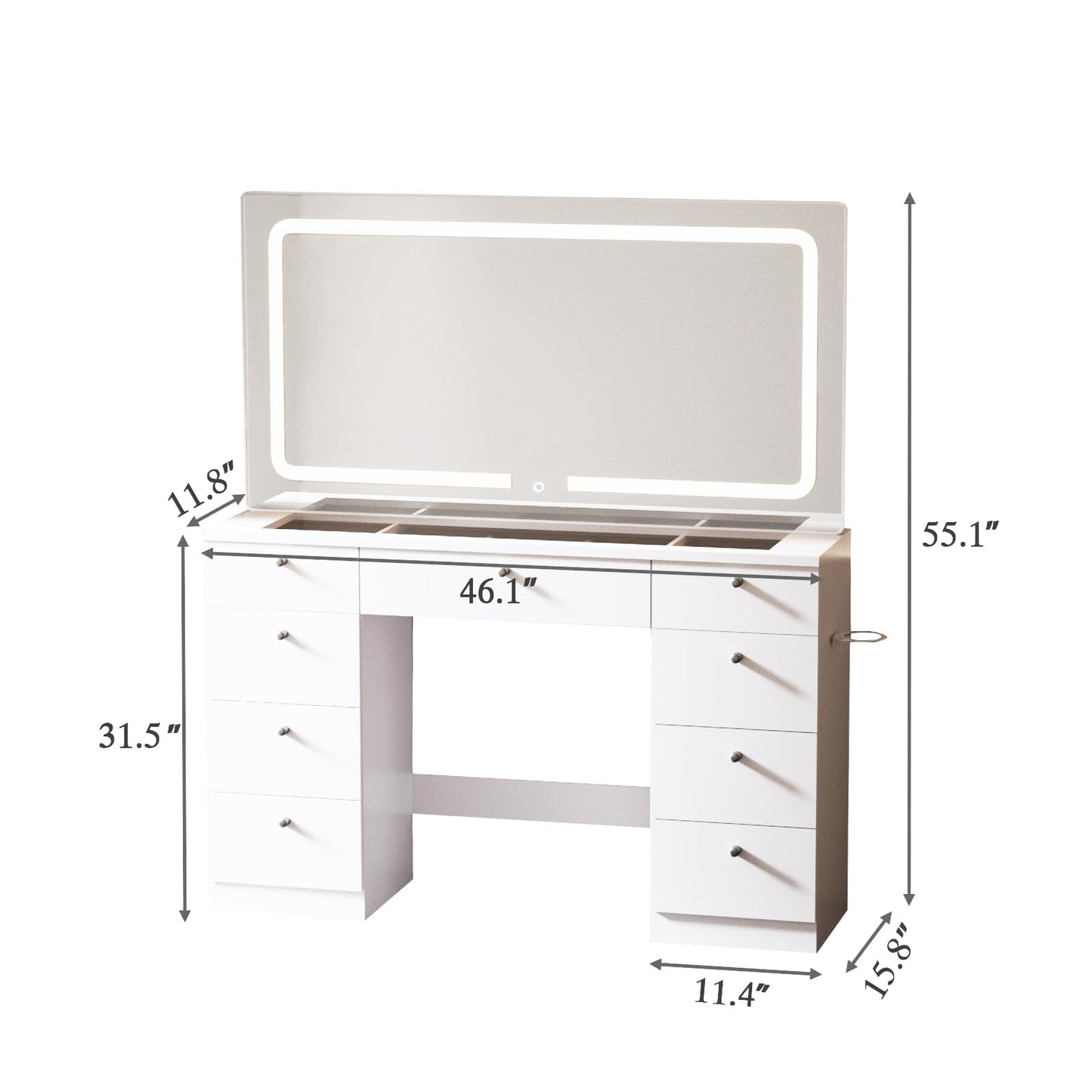 JassmiPkwy 46 INCH Makeup Vanity Desk with Mirror - Glass Tabletop Vanity Table with Lights, Drawers, Power Outlet, Large Storage Desk for Bedroom, White