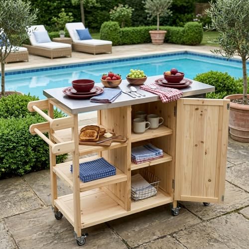 Casaphoria Outdoor Grill Cart with Folding Stainless Steel Tabletop,40" x 15" Rolling BBQ Prep Station & Kitchen Island, Wood Garden Table with Storage Cabinet and Towel Rack,Natural Finish