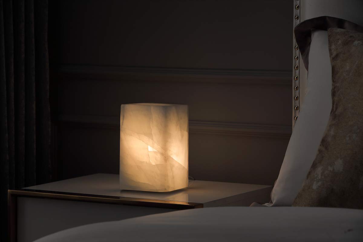 Artsolute Natural Solid Stone Table Lamp with One-of-a-Kind Crystal Texture, Small Accent Lamp with 3 Colors Dimmable LED, Unique Lamp for Bedroom Living Room, Cuboid White