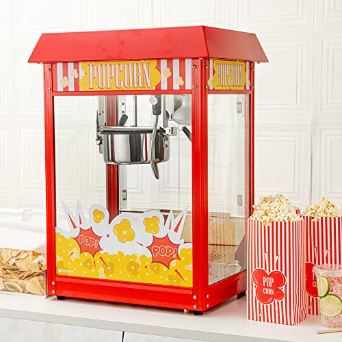 Restaurantware Hi Tek 8 Ounce Commercial Popcorn Popper Machine 1 Electric Popcorn Maker Machine - Popcorn Cart Sold Separately 3-Switch Operation Red Stainless Steel Popcorn Machine 120V