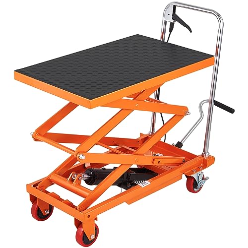 VEVOR Hydraulic Lift Table Cart, 330lbs Load Capacity 50 Inch Lifting Height, Manual Single Scissor Lift Table with Non-Slip Pad and 4 Wheels, Alloy Steel, Orange