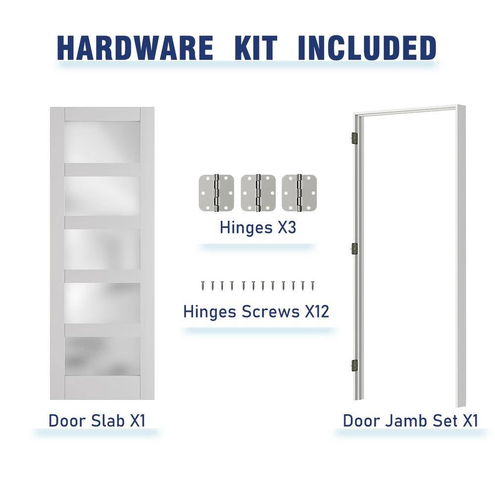 Lakenyon 36" x 80" Prehung Door, 5-Lite Frosted Glass Pantry Doors, Prehung Interior Door, Right-Handed, White MDF with Door Jamb & Hardware Kit