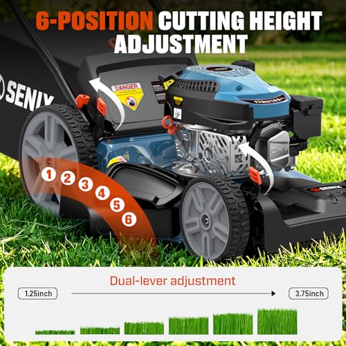 SENIX 21'' Self-Propelled Gas Lawn Mower, 170 cc 4-Cycle Engine 3.8 HP, 3-in-1 (Bagging/Mulching/Side Discharge), 6-Position Cutting Height Adjustment, 1.7 Bushels Grass Bag