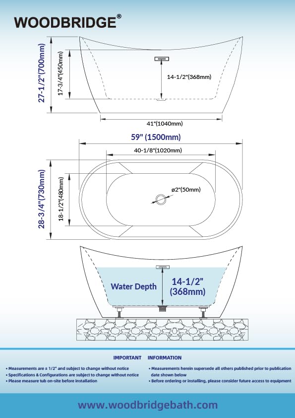 WOODBRIDGE 59" Acrylic Freestanding Bathtub Contemporary Soaking White Tub with Chrome Overflow and Drain