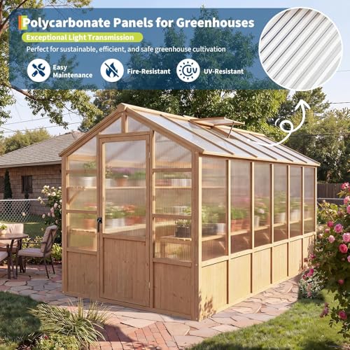 6X12 ft Outdoor Wooden Greenhouse with Lockable Door, Adjustable Roof Vent & Polycarbonate Panels, UV Protection, Large Cedar Wood Walk-in Green House for Garden, Backyard, Patio, Lawn, Light Brown