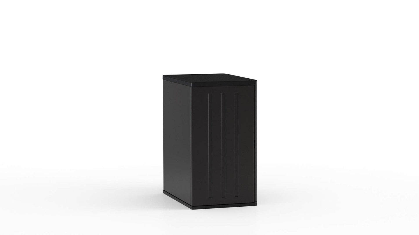 Suncast Heavy-Duty Resin Outdoor Storage Cabinet, 30" W x 20.25" D x 36" H Dark Grey Base Garage Storage Cabinet with Lockable Doors and Metal Reinforced Shelves, Made in The USA
