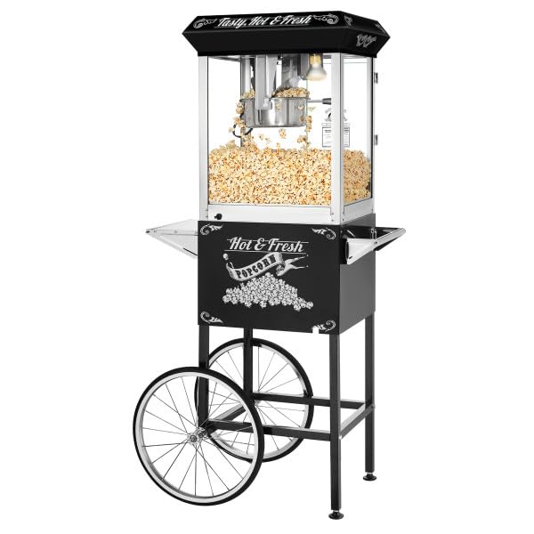Popcorn Machine with Cart – 8oz Popper with Stainless-steel Kettle, Heated Warming Deck, and Old Maids Drawer by Superior Popcorn Company (Black)
