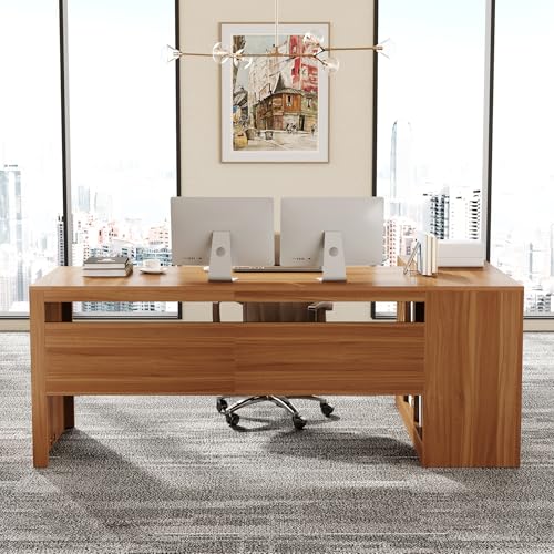 LITTLE TREE 78.7-Inch L-Shaped Executive Desk, Large Home Office Desk with 2 File Drawers and Storage Shelves (Warm Brown)