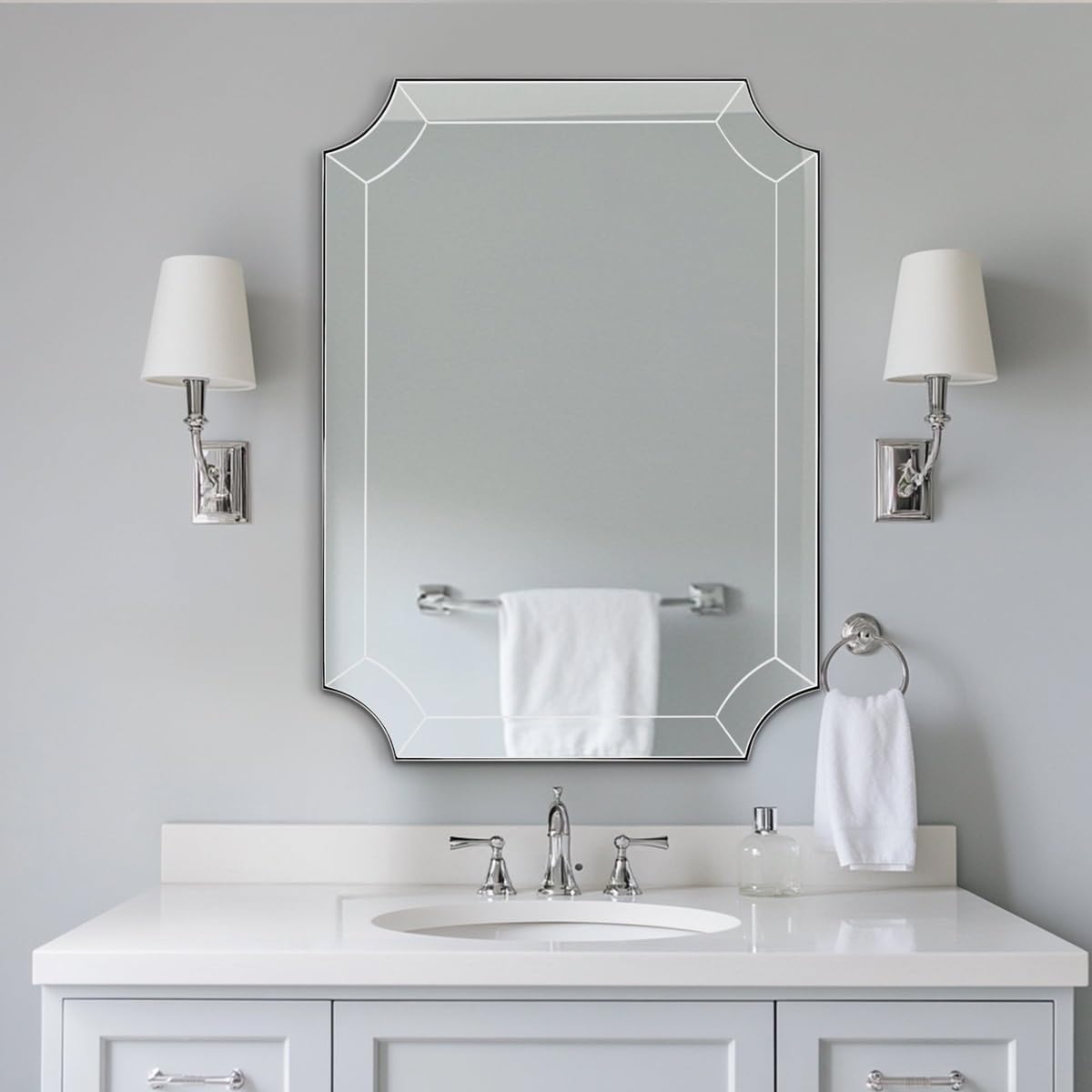 Andy Star Brushed Nickel Mirror, 22x30 Scalloped Bathroom Mirror, Silver Vanity Mirror in Anti-Rust Stainless Steel, Notched Mirrors with Delicate Tessellated Glass, Wall-Mounted Horizontal/Vertical