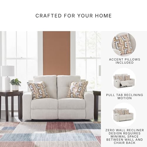 Signature Design by Ashley Danum Modern Tufted Manual Reclining Loveseat with 2 Accent Pillows, Beige