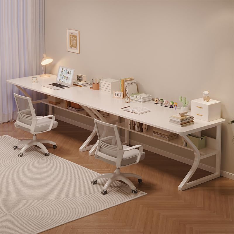 OSCHF Extra Long Desk with Bookshelf - 71" Double Long Writing Table for 2-Person Workstation, Modern Study Work Computer Desk for Home and Office, Warm White