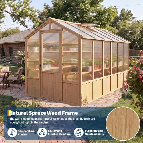 6X12 ft Outdoor Wooden Greenhouse with Lockable Door, Adjustable Roof Vent & Polycarbonate Panels, UV Protection, Large Cedar Wood Walk-in Green House for Garden, Backyard, Patio, Lawn, Light Brown