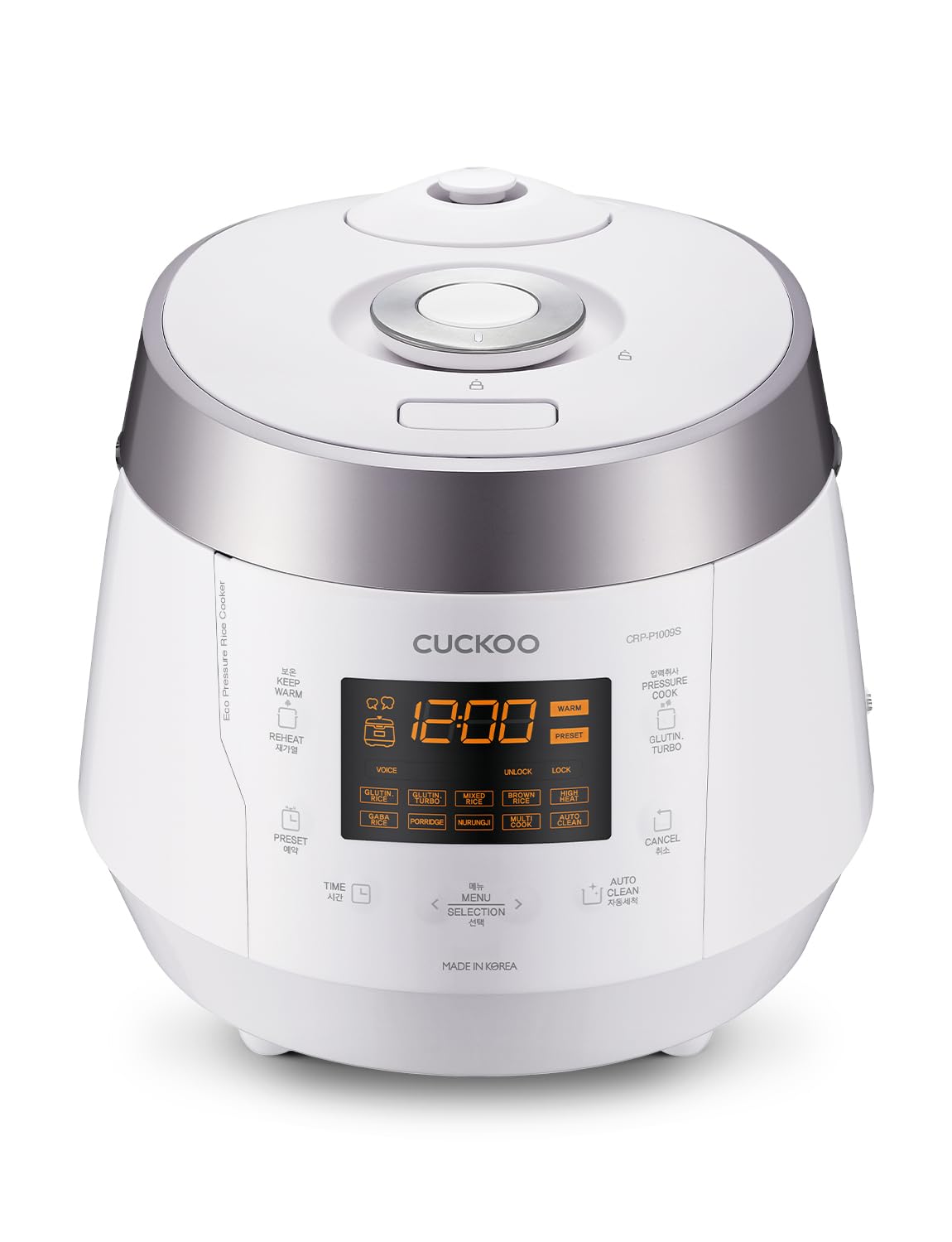 CUCKOO High Pressure Rice Cooker 10-Cup Uncooked / 20-Cup Cooked with Nonstick Inner Pot, Large Rice Maker with 13 Menu Options and Steam Plate, Fuzzy Logic Tech, Voice Guide, White (CRP-P1009SW)