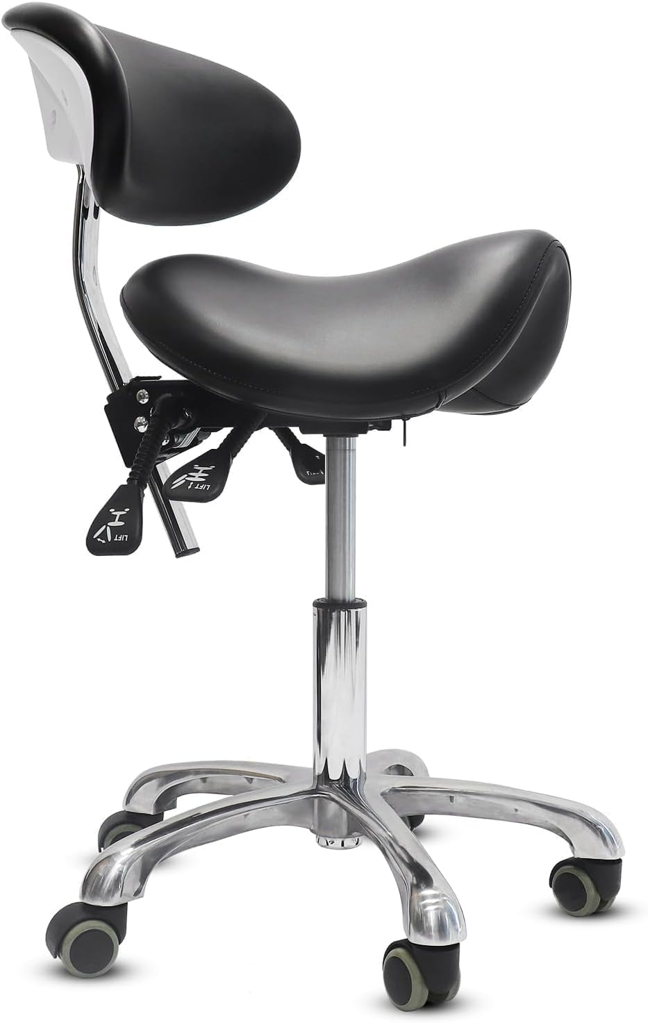 LIMKOMES Saddle Stool with Wheels,3-Way Function Rolling Stool with Back Support,Ergonomic Stool Saddle Stool for Hair Stylist for Dentist Salon Tattoo(Black)