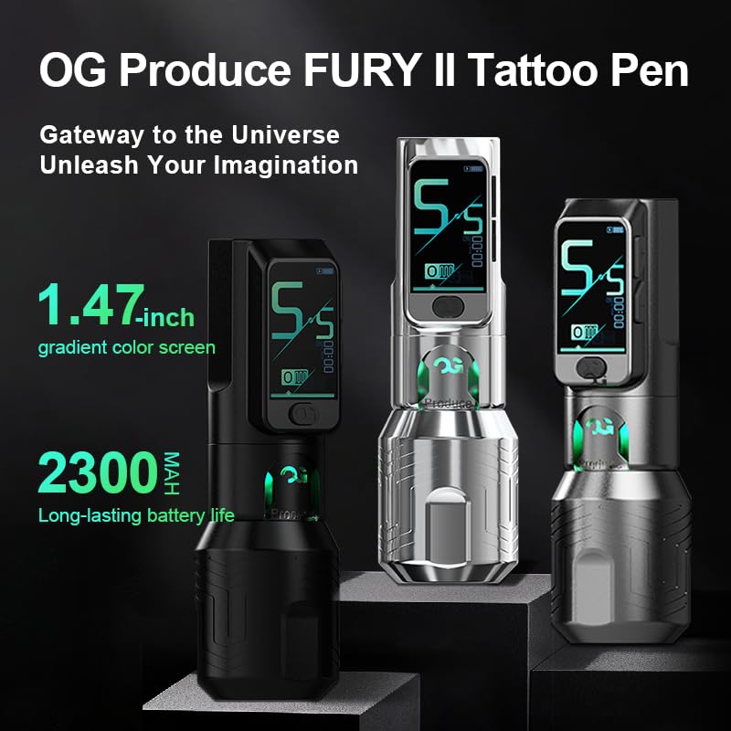 OG PRODUCE Fury II Wireless Tattoo Machine Pen,Tatto Gun Pen with Smart Screen Display,Tattoo Pen with 2300mAH Motor Power Reliable for All Kinds of Needles with 3 Grips