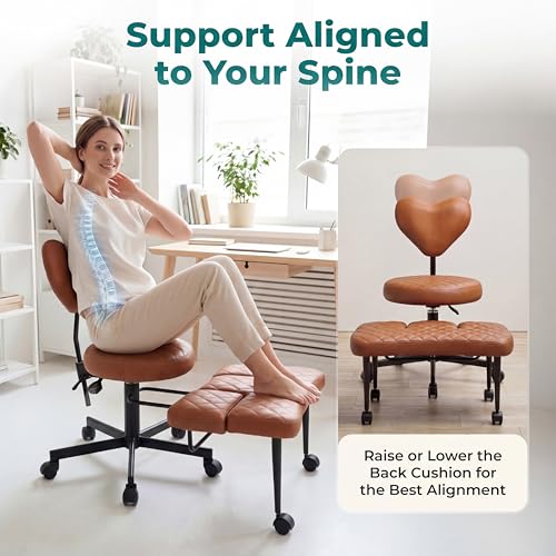NYPOT Active Sitting Office Chair — Ergonomic Multi-Position Seat (Cross-Legged, Kneeling & Perch) with Adjustable Knee Rest, Back Support, Wheels & 360° Swivel (Brown)