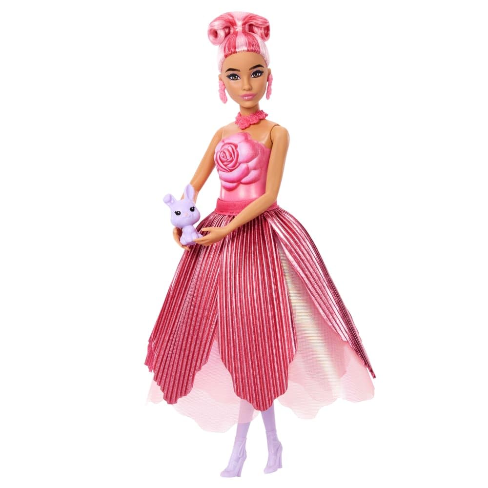 Barbie Petal Pop Scented Doll with Rose Dress & Accessories, Bouquet Reveal with Pet Bunny & Surprises Like Watering Can, Necklace & Earrings