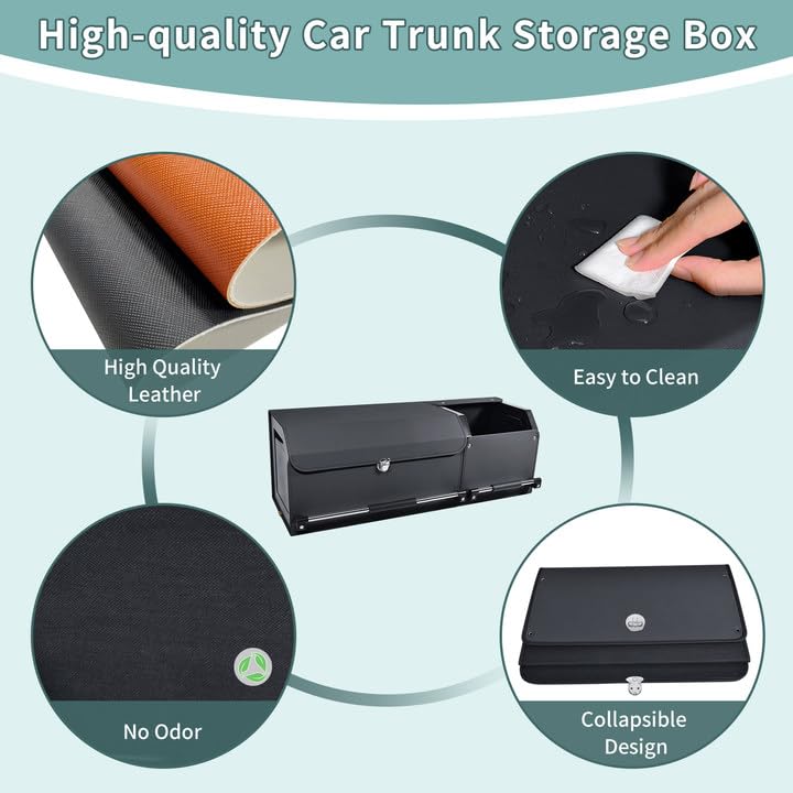 XCF Car Trunk Organizer, Collapsible Leather Car Trunk Storage Organizer with Lid and Sturdy Handle Car Organizer and Storage for SUV, Truck, Sedan (Black, 36.2 x 11.4 x 12.2in)