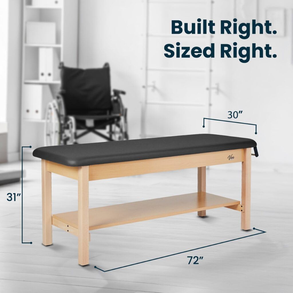 Vivacomfort Aristo H-Brace Wooden Flat Treatment Table with Shelf, 500 lbs Weight Capacity, Black