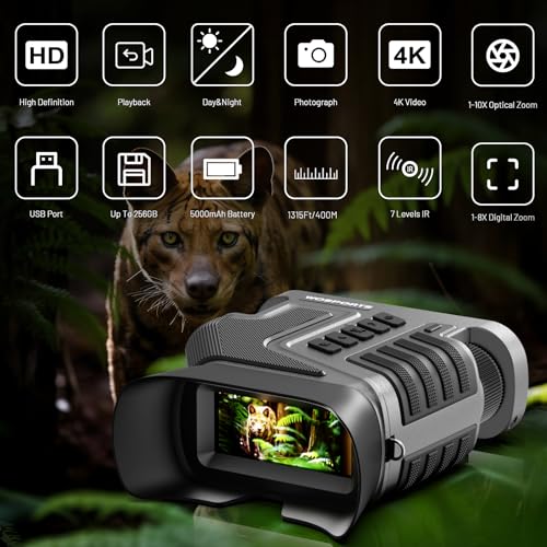 WOSPORTS 4K Night Vision Goggles – up to 80X Total Magnification, 10X Optical + 8X Digital Zoom, 1315FT Vision Range, 5000mAh Rechargeable Battery, IPX Waterproof NVG, Gifts for Men