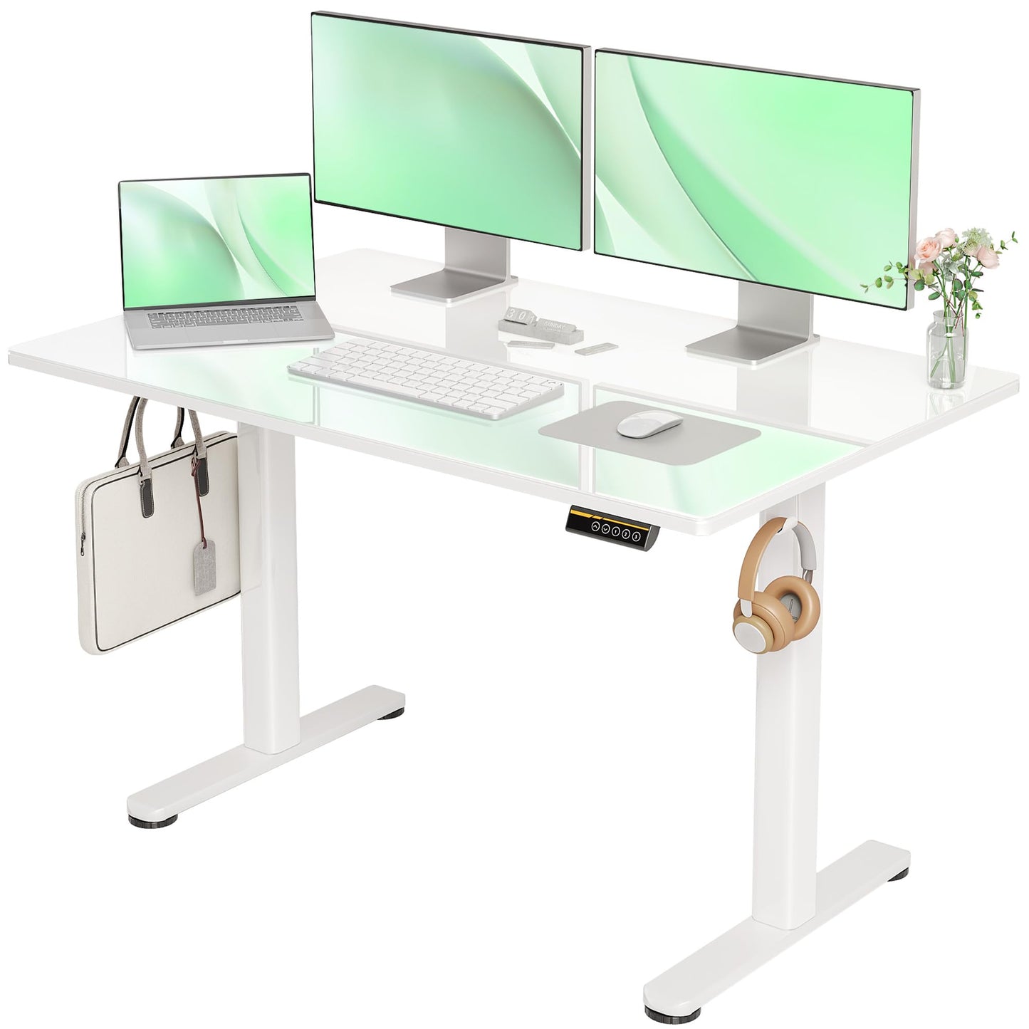 Claiks Glass Standing Desk, 48x24 Inch White Standing Desk Adjustable Height Electric Stand Up Quick Install for Computer Desks, Super White