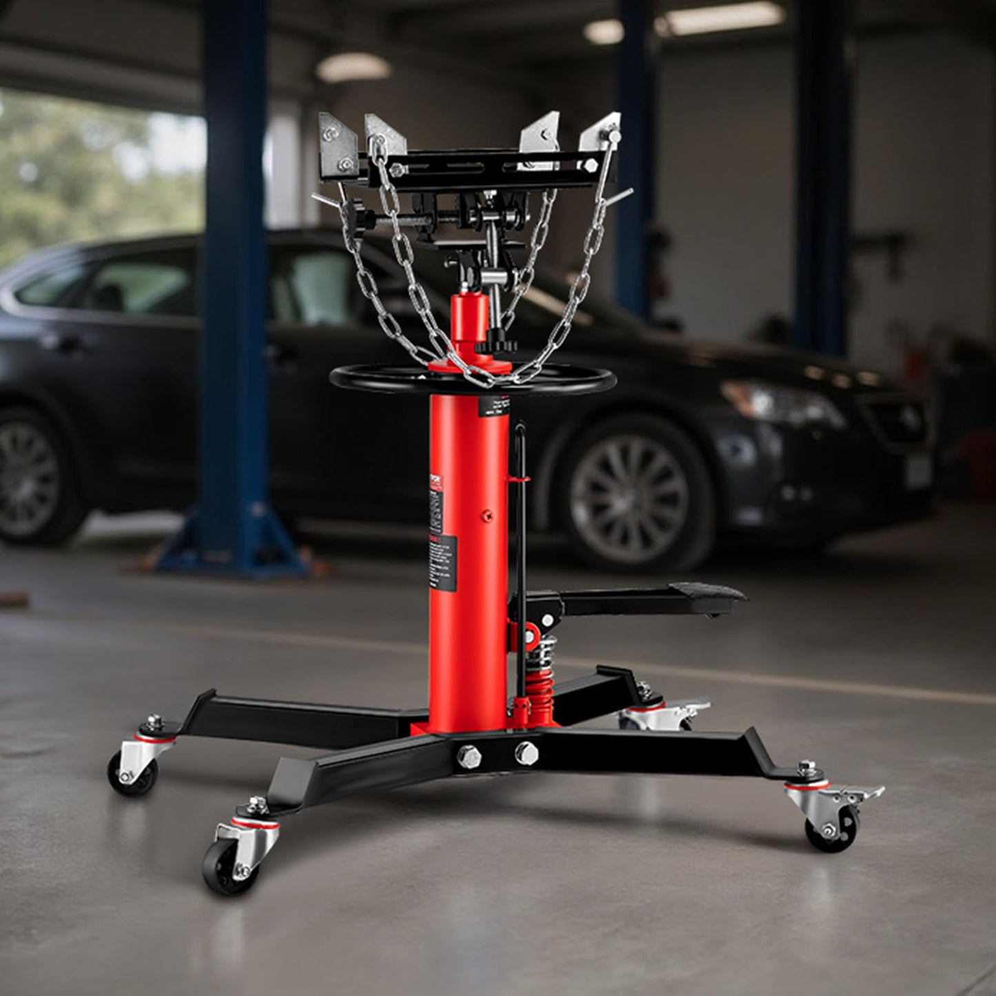 VEVOR 1/2Ton/1100lbs Capacity Hydraulic Transmission Jack, Car & Truck Compatible, 33.5-67 Inch Lift Range, 2-Stage Jack Stand with Foot Pedal, 360 Swivel Wheel, Red