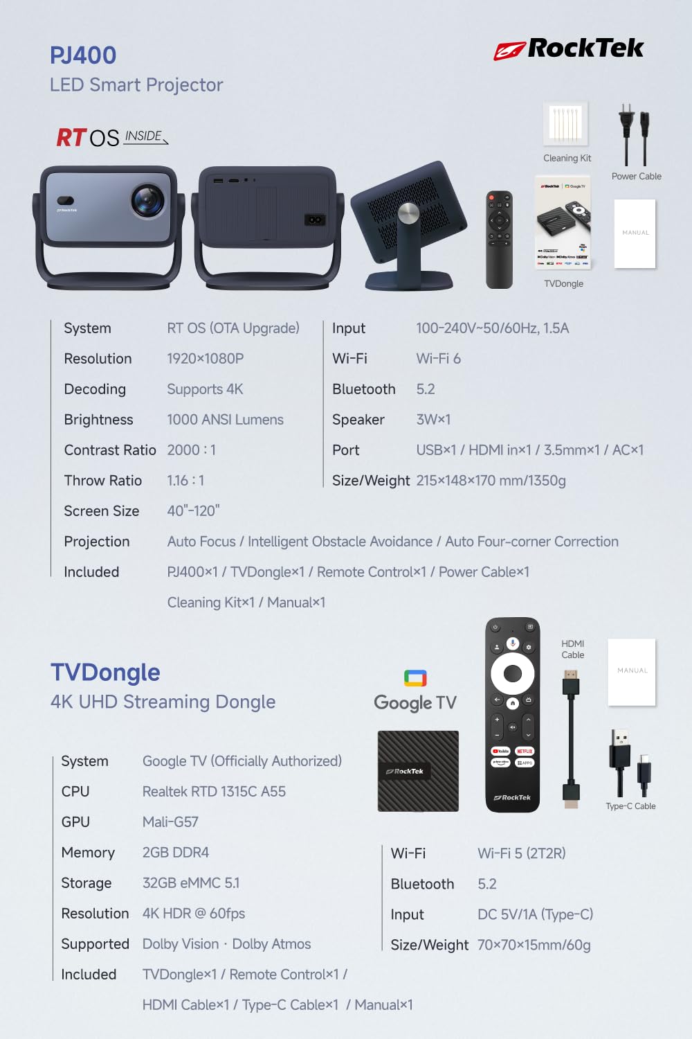 RockTek PJ400 Official Licensed Google TV Dongle Box Smart Projector 4K Supported, Native 1080P, Netflix Disney+, Mini Portable Home Theater Projector with WiFi 6 Bluetooth, Auto Focus/Keystone, HDMI