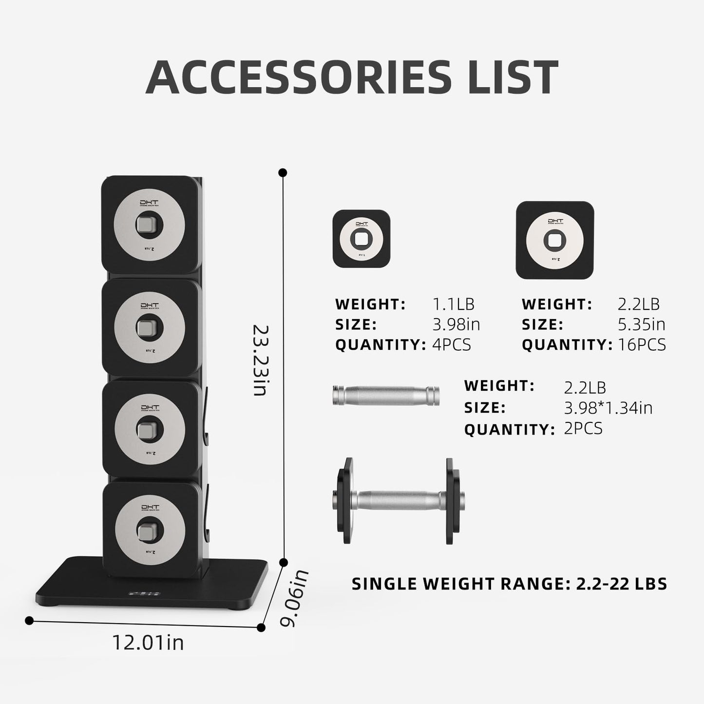 DHT Adjustable Dumbbells with Rack, Anti-Rolling Free Weights Set, 4-22.8 lbs, Black