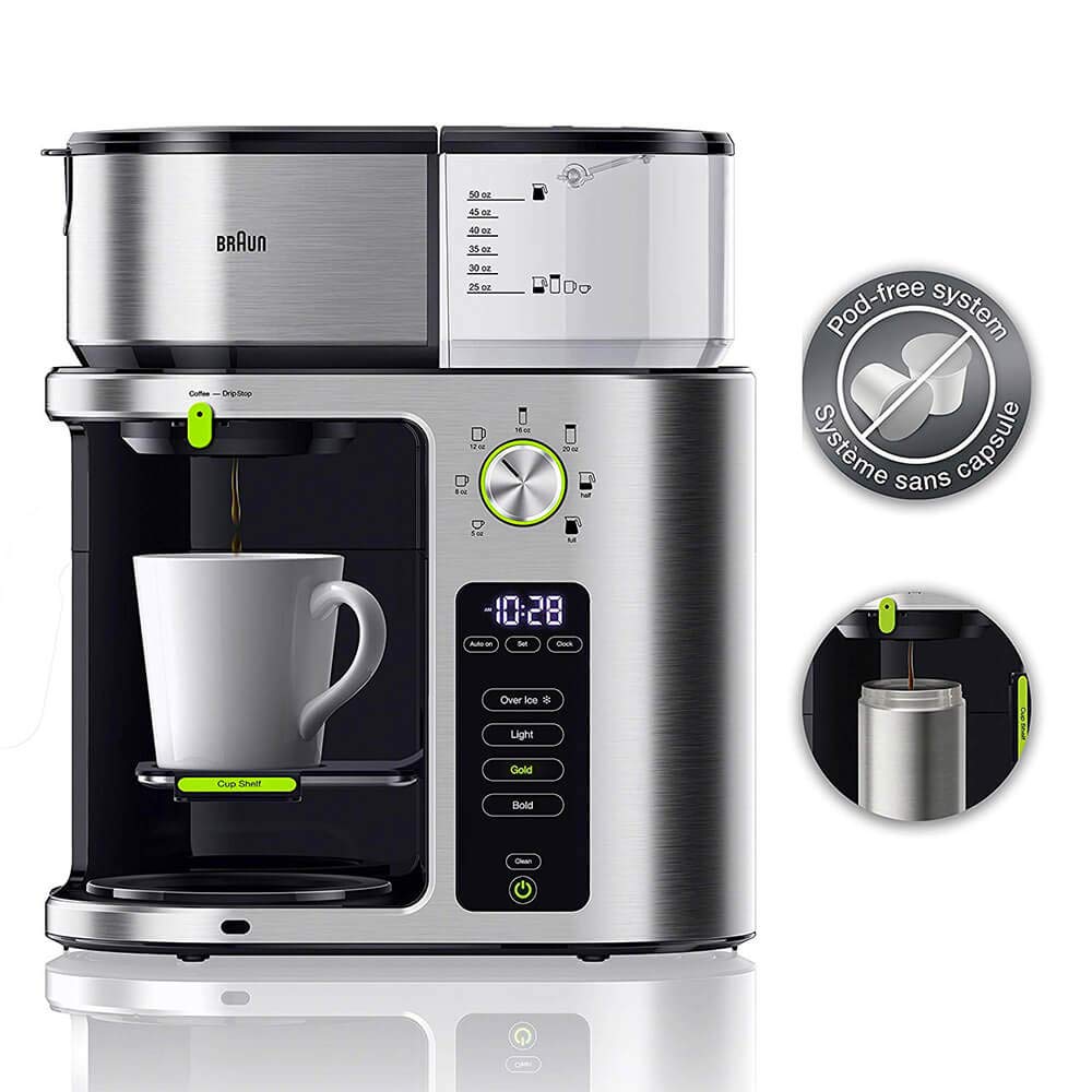 Braun MultiServe Coffee Machine 7 Programmable Brew Sizes / 3 Strengths + Iced Coffee & Hot Water for Tea, Glass Carafe (10-Cup), Stainless Steel, KF9170SI