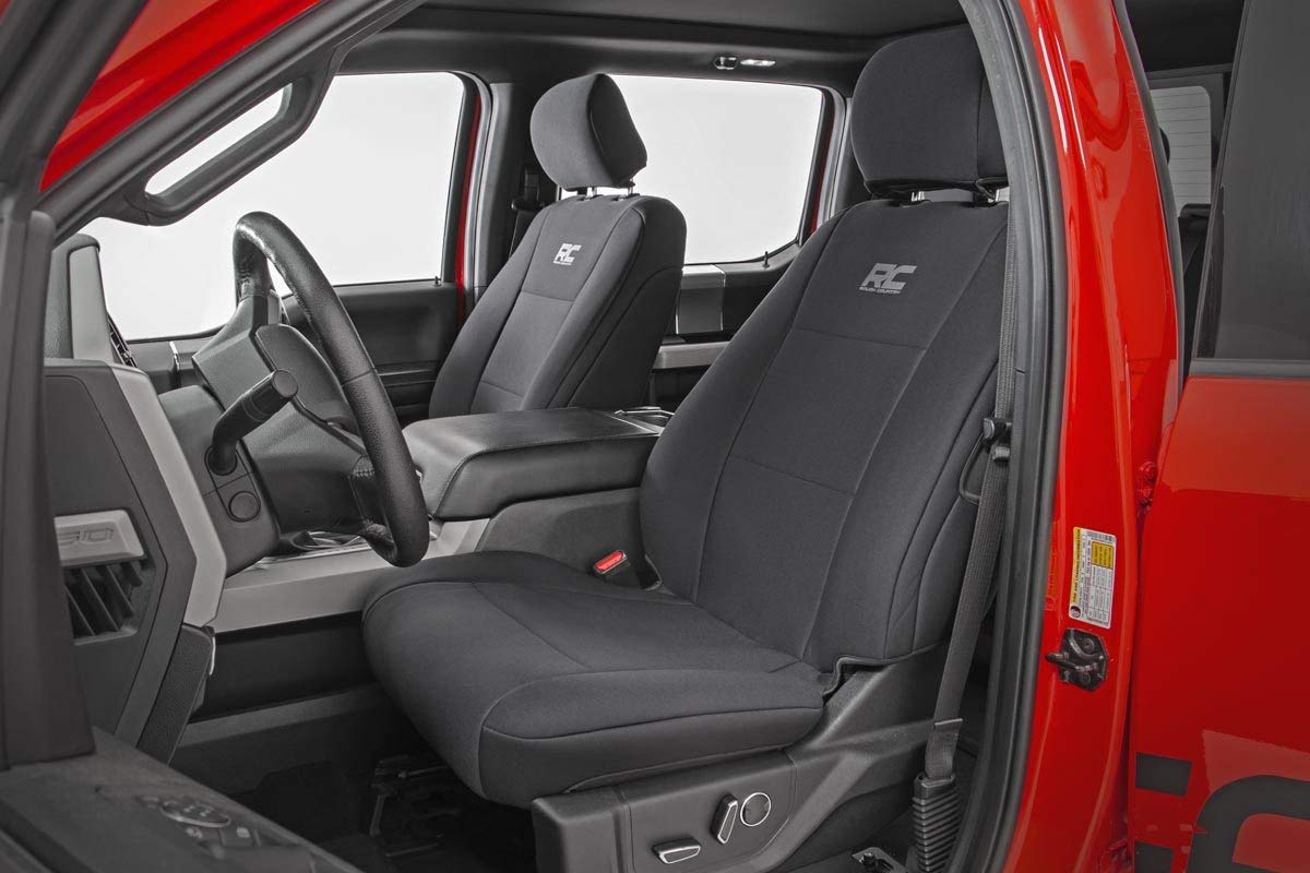 Rough Country Neoprene Seat Covers for Ford F-150, Lightning, F-250 & F-350 Crew Cab (2015-2025) w/FR Bucket Seat - Front & Rear Seat Cover Set, Waterproof, UV Resistant, Foam Padded