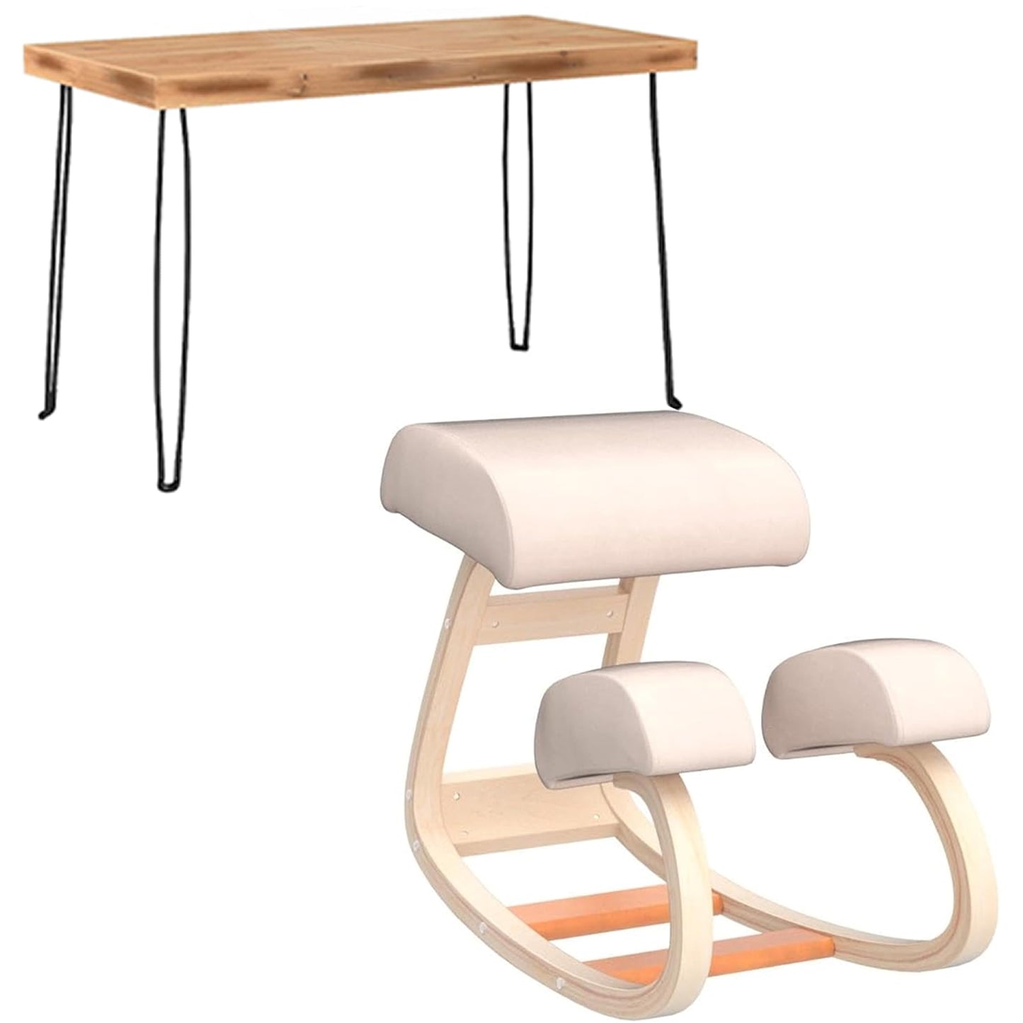 Sleekform Wooden Folding Desk, Small Folding Table Portable with Collapsible Hairpin Legs, Austin Kneeling Chair, Home Office Ergonomic Computer Desk Stool