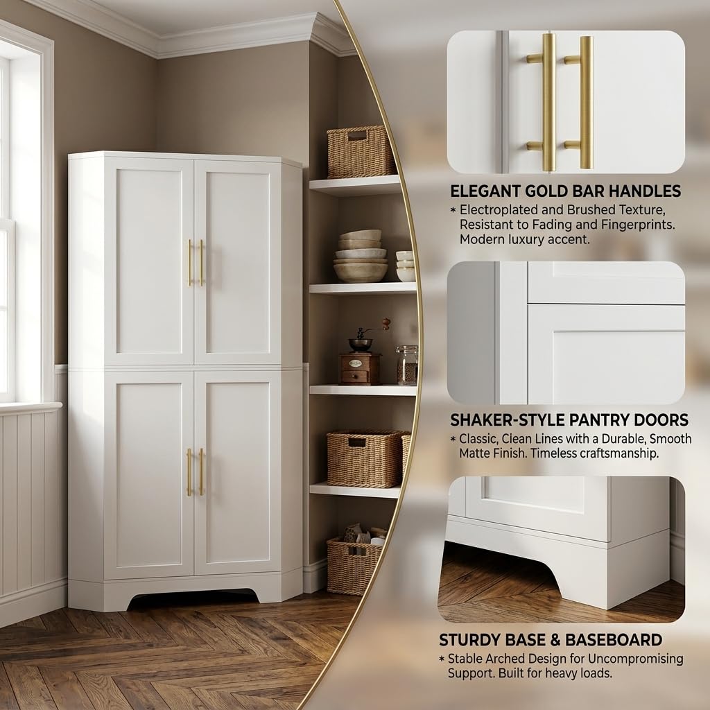 AUN Corner Cabinet, Kitchen Pantry Storage Cabinet with Adjustable Shelves & Spice Rack, Tall Freestanding Corner Pantry with Shaker Doors & Gold Handles for Kitchen, Bathroom, Living Room (White)