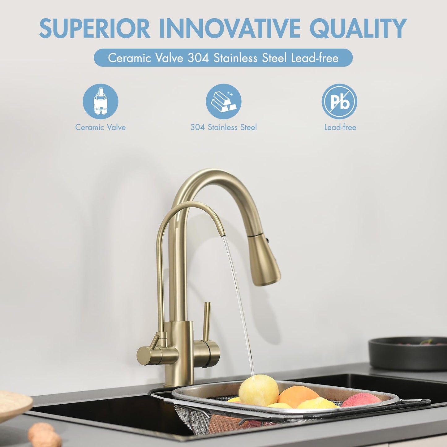 GIMILI 3 in 1 Gold Kitchen Faucet with Under Sink Water Filter System, Reduces Lead, Chlorine, Bad Taste & Odor, Kitchen Sink Faucet with Drinking Water Faucet