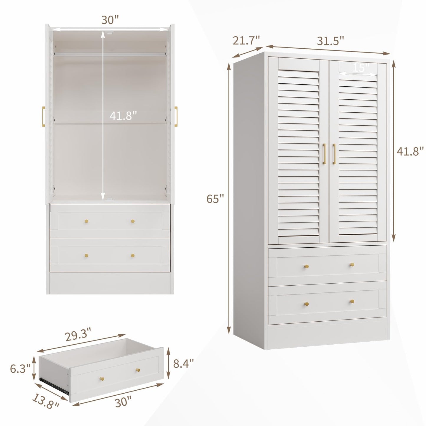 65" Louvered Armoire Wardrobe Closet, Wood Clothing Storage Cabinets with 2 Doors and 2 Drawers, Wooden Wardrobe Closet with Hanging Rod for Bedroom, Cloak Room, Laundry Room, Entrance Hall, White