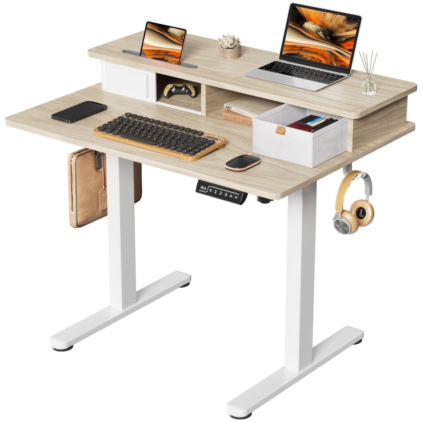 JOY worker Small Electric Standing Desk, 35" x 25" Height Adjustable Desk with Built-in Monitor Stand & Storage Drawer, White Sit Stand Desk with 2 Hooks for Home Office, Light Walnut