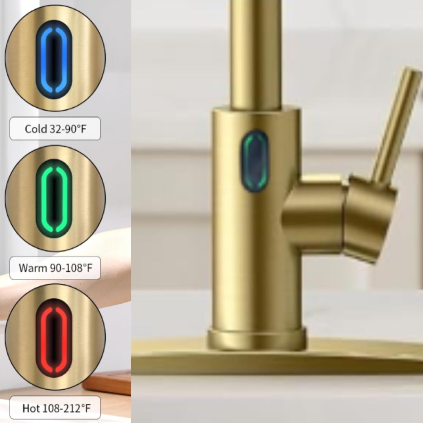 VIDEC Touch-Less Kitchen Faucet, 3 Modes Pull Down Sprayer, Sensor Activated, LED Temperature Control, 360-Degree Rotation, 1 or 3 Hole Deck Plate. 10-Year Warranty.(Matte Gold, KW-79J)